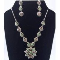 925 Sterling Silver Ruby, Emerald & Zircon Gemstone Victorian Necklace Set