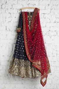 Poly Silk Machine Work Navy Blue Lehenga Choli