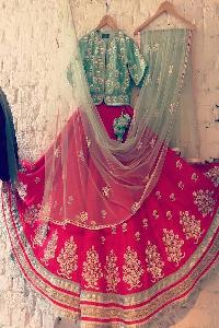 Poly Silk Machine Work Red Lehenga Choli