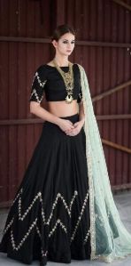 Poly Silk Plain Black Lehenga Choli