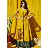 Poly Silk Printed Yellow Long Suits