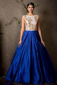 Silk Machine Work Blue Gown