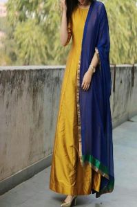 Taffeta Silk Plain Yellow Long Suits