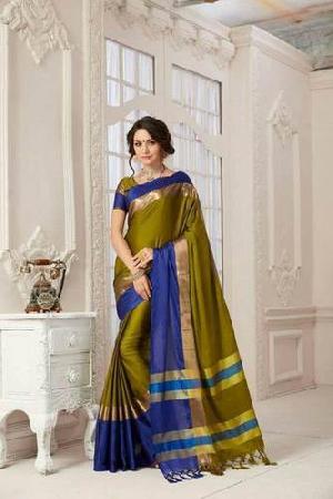 Designer Pure Cotton Saree (Green and Dark Blue color)