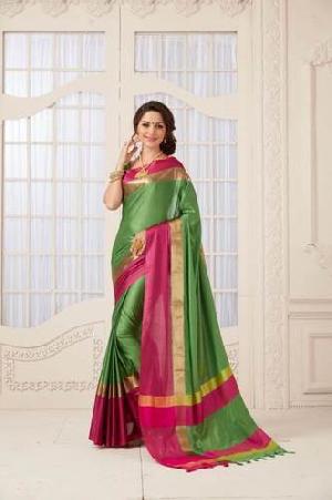 Designer Pure Cotton Saree (Pink And Green Color)