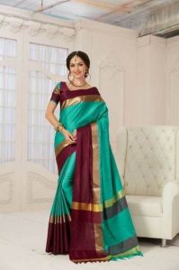 Designer Pure Cotton Saree (Sea Green and Brown color)