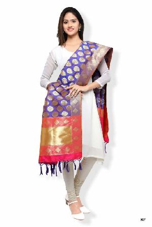 KF Royal Blue Pink Banarasi Dupatta with Floral Motifs