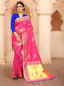 Krutifashion Pink And Royal Blue Banarasi Patola Style Saree