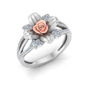 White Gold Diamond Rose Ring with Leaves