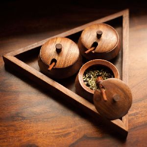 Wooden Spice 3 Container Tray Set