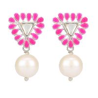 Triangular Pink Enamel Stud Pearl Drop Earrings