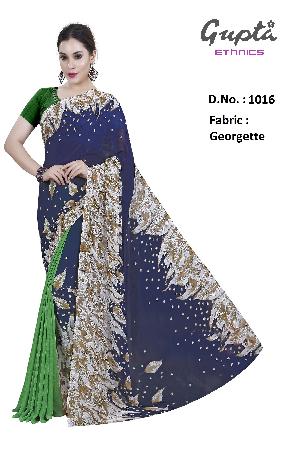 1016 Womens Blue Georgette Floral Print Saree