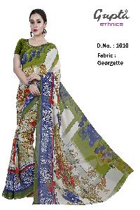 1010 Womens Green Georgette Floral Print Saree