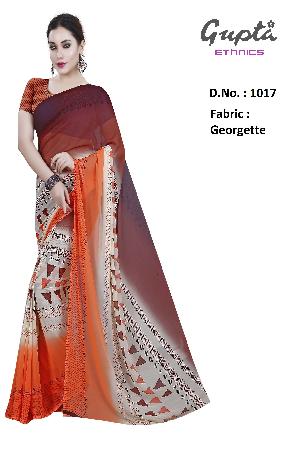 1017 Womens Orange Georgette Geometric Print Saree