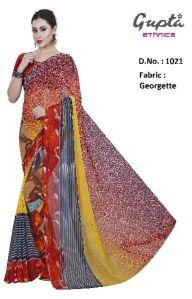 1021 Womens Red Georgette Printed Saree