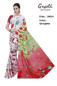 1001A Womens White Georgette Printed Saree