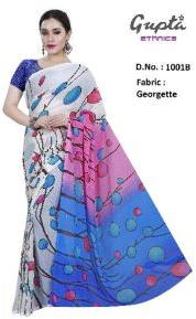 1001B Womens White Georgette Printed Saree