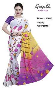 1001C Womens White Georgette Printed Saree