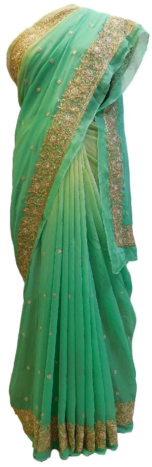 Green Georgette Hand Embroidery Work Saree