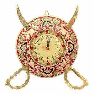 Little India Rajasthani Real Brass Sword Armour Wall Clock