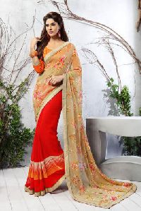 Shaily Red & Beige Georgette Printed Saree