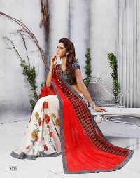 Shaily White & Red Georgette Printed Saree