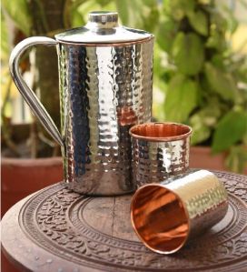 Copper Hammered Jug & Glass Set