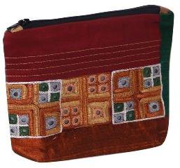 Maroon Embroidered Silk Zipper Pouch