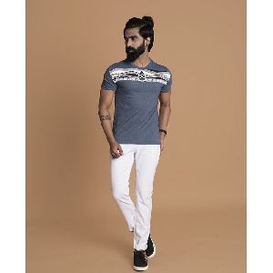 T-shirt Round Neck Gray with White Design