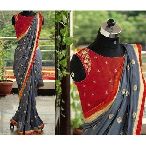 Grey Red Embroidered Sarees