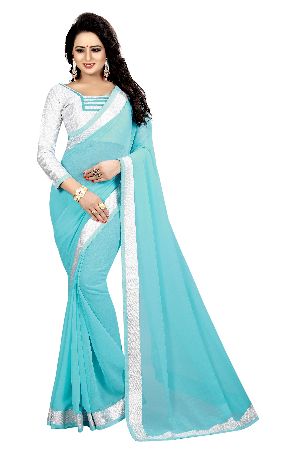 Silver Firozi Chiffon Lace Sarees