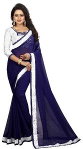 Silver Navy Chiffon Lace Sarees