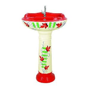 Ceramic Pedestal Printed Cream and Red Wash Basin