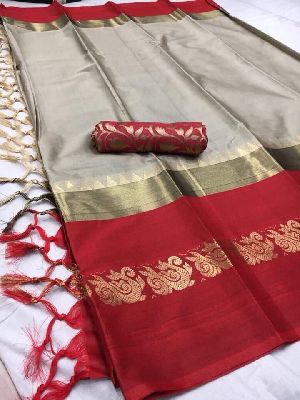 gray red silk saree