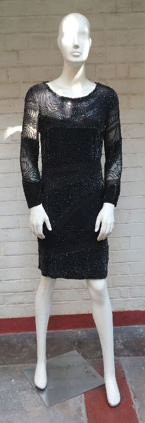 Short Full Sleeve Black Beaded Dress
