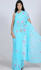 Blue Faux Georgette Saree with Rose Work