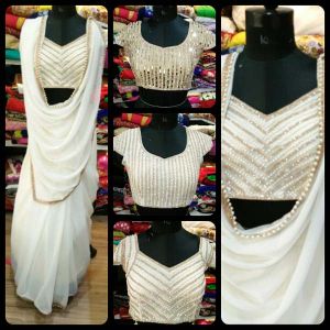 White Designer Blouse and Plain Saree