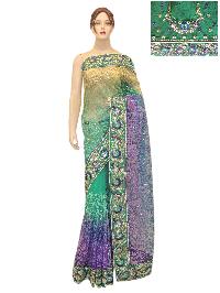 Net Shaded Saree, Silk Green Unstitched Blouse