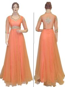 New Latest Designer Netted Peach Backless Long Dress Gown