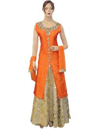 Silk Orange Long Jacket Style Suit With Jute Gold Lehenga