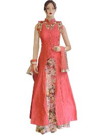 Silk Peach Long Jacket Style Suit With Silk Printed Lehenga