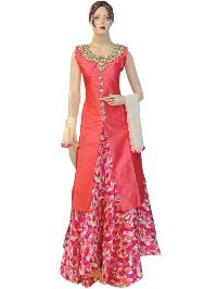 Silk Pink Long Jacket Style Suit With Silk Printed Lehenga