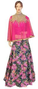 Silk Pink Top, Embroided Net Pink Top With Silk Printed Lehenga