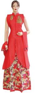 Silk Red Long Jacket Style Suit With Silk Printed Lehenga