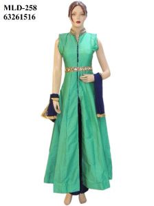 Silk Sea Green Long Jacket Style Suit With Silk Navy Blue Pant