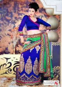 Blue and Green Georgette Lehenga Saree