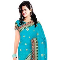 Turquoise Colour Georgette Embroidered Lehenga Style Saree