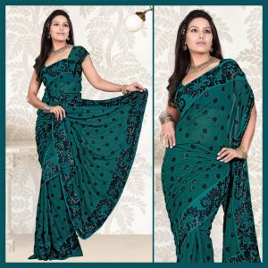 Deep Teal Blue Faux Georgette Saree with Unstitched Blouse (132)