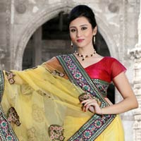 Light Yellow Net Saree with Unstitched Blouse