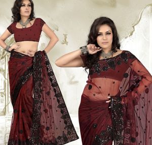 Maroon Net Saree with Unstitched Blouse (350)